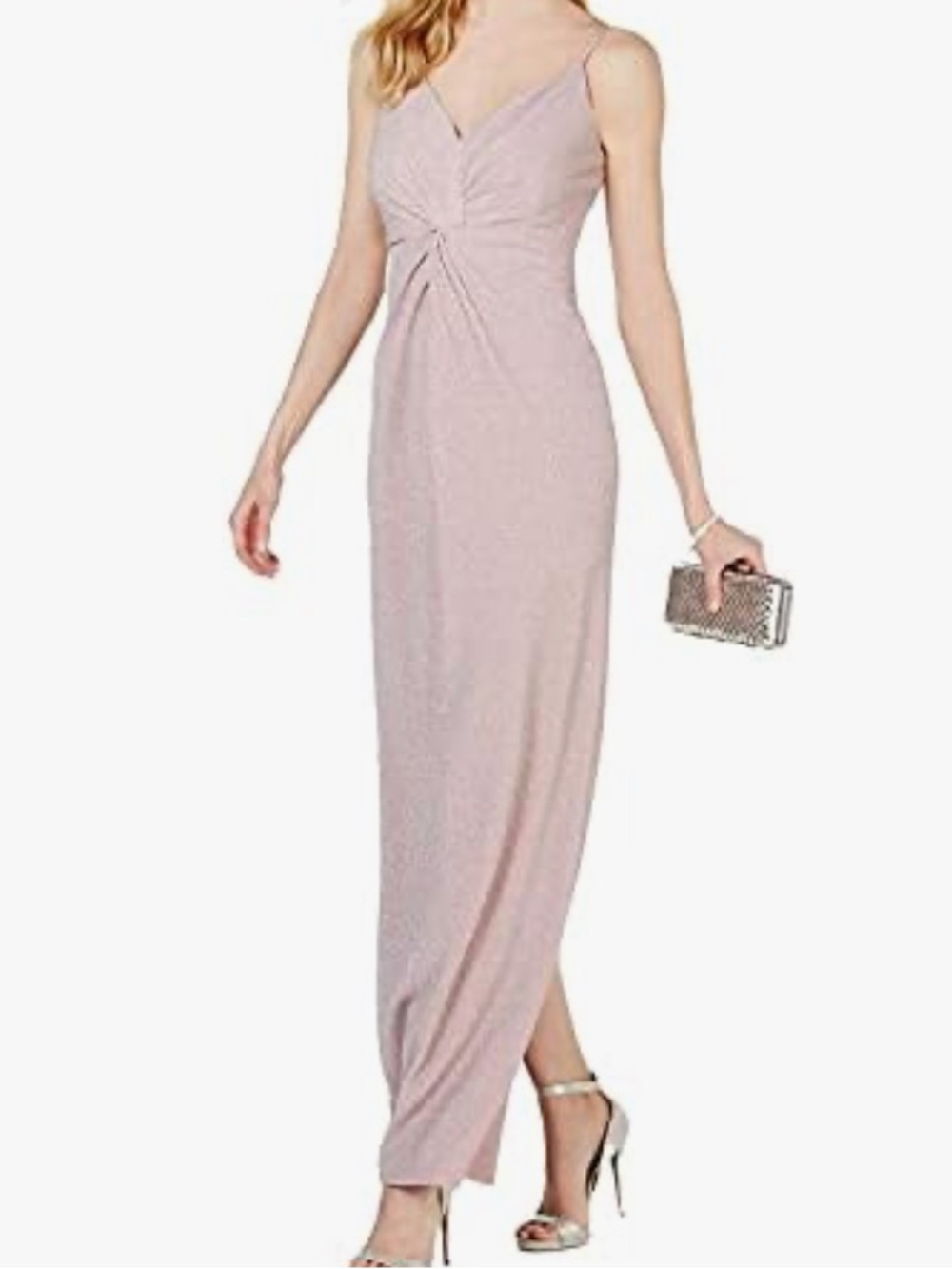 ADRIANNA PAPELL Dusty Pink Twist-Front Evening Dress Bridesmaid Wedding Mettalic